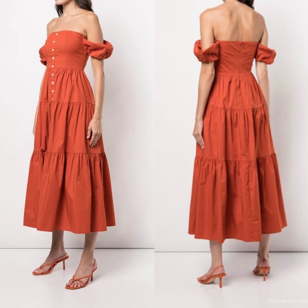 Staud Summer Midi Dress in Rust - Elio Off-the-Shoulder